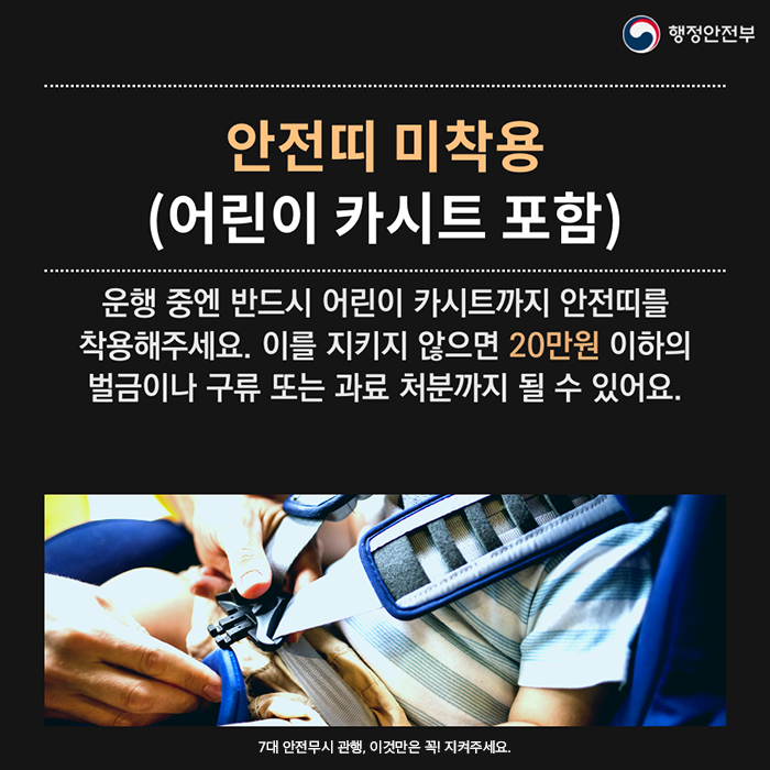 안전띠 미착용(어린이 카시트 포함). 운행 중엔 반드시 어린이 카시트까지 안전띠를 착용해주세요. 이를 지키지 않으면 20만원 이하의 벌금이나 구류 또는 과료 처분까지 될 수 있어요.