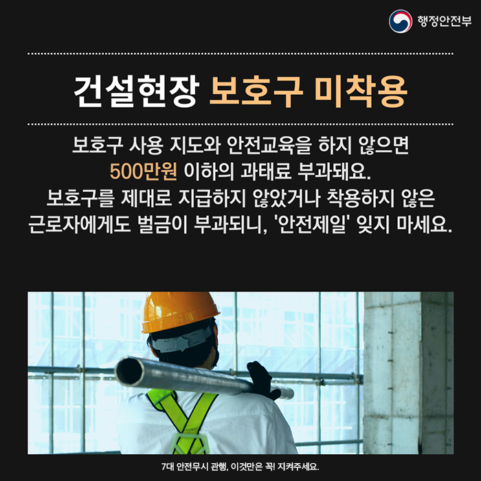 건설현장 보호구 미착용. 보호구 사용 지도와 안전교육을 하지 않으면 500만원 이하의 과태료 부과돼요. 보호구를 제대로 지급하지 않았거나 착용하지 않은 근로자에게도 벌금이 부과되니, '안전제일' 잊지 마세요.